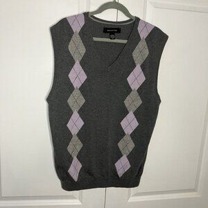 Jones New York Merino Wool Sweater Vest Mens L Argyle Gray Academia Grandpa Knit